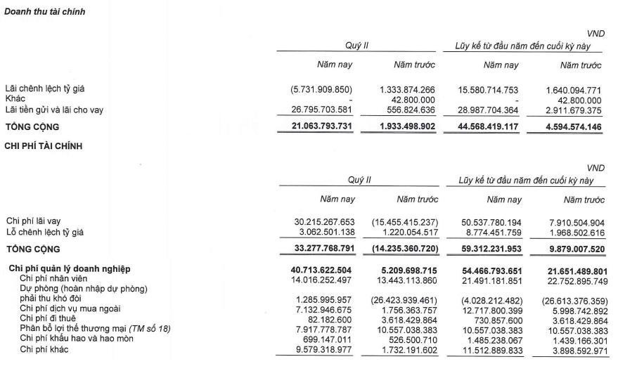 Cơ cấu doanh thu, chi phí tài chính và chi phí quản lý doanh nghiệp của TTF trong quý II/2022 và 6 tháng đầu năm.