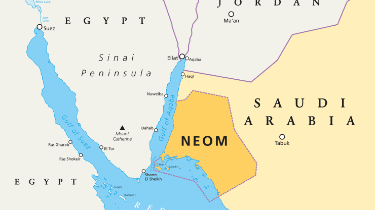 Bản đồ chính trị của Neom về dự án siêu đô thị 500 tỷ đô la ở Ả Rập Xê Út dọc theo bờ Biển Đỏ Bản đồ chính trị của Neom về dự án siêu đô thị 500 tỷ đô la ở Ả Rập Xê Út dọc theo bờ Biển Đỏ