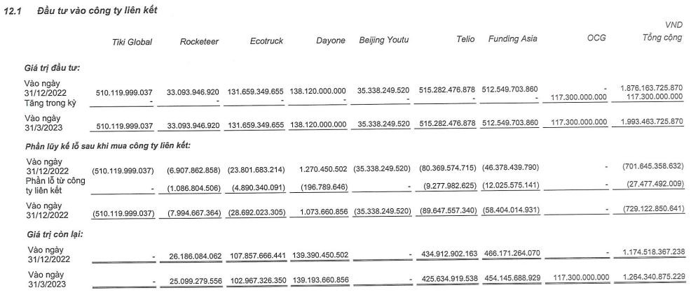 Tất cả khoản đầu tư của VNG vào Công ty liên kết đều đang thua lỗ