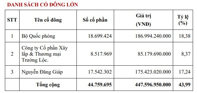 Cơ cấu cổ đông lớn của Tổng công ty 36 tính tới cuối năm 2022