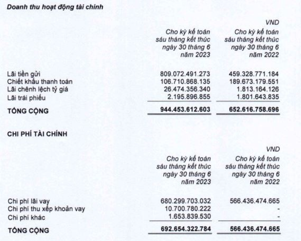 Cơ cấu doanh thu và chi phí tài chính trong 6 tháng đầu năm 2023