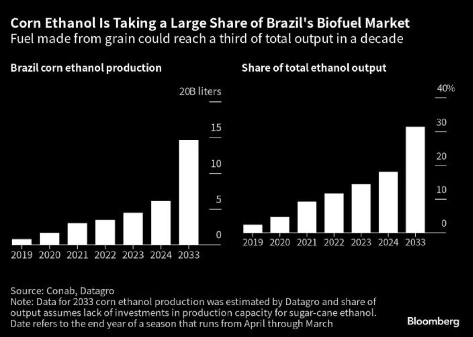 Công suất sản xuất ethanol của Brazil và tổng thị phần sản xuất ethanol từ ngô Công suất sản xuất ethanol của Brazil và tổng thị phần sản xuất ethanol từ ngô