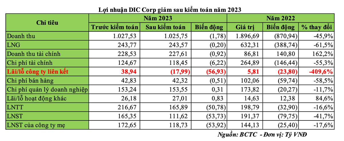 Lợi nhuận DIC Corp giảm sau kiểm toán năm 2023 (Nguồn: BCTC) Lợi nhuận DIC Corp giảm sau kiểm toán năm 2023 (Nguồn: BCTC)