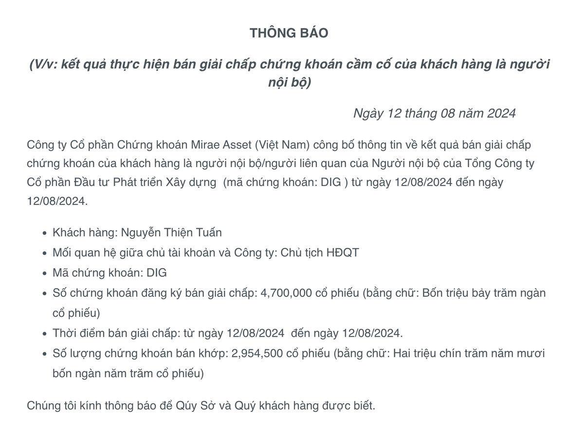 Chứng khoán Mirae Asset thông báo kết quả bán giải chấp cổ phiếu DIG ngày 12/8 Chứng khoán Mirae Asset thông báo kết quả bán giải chấp cổ phiếu DIG ngày 12/8