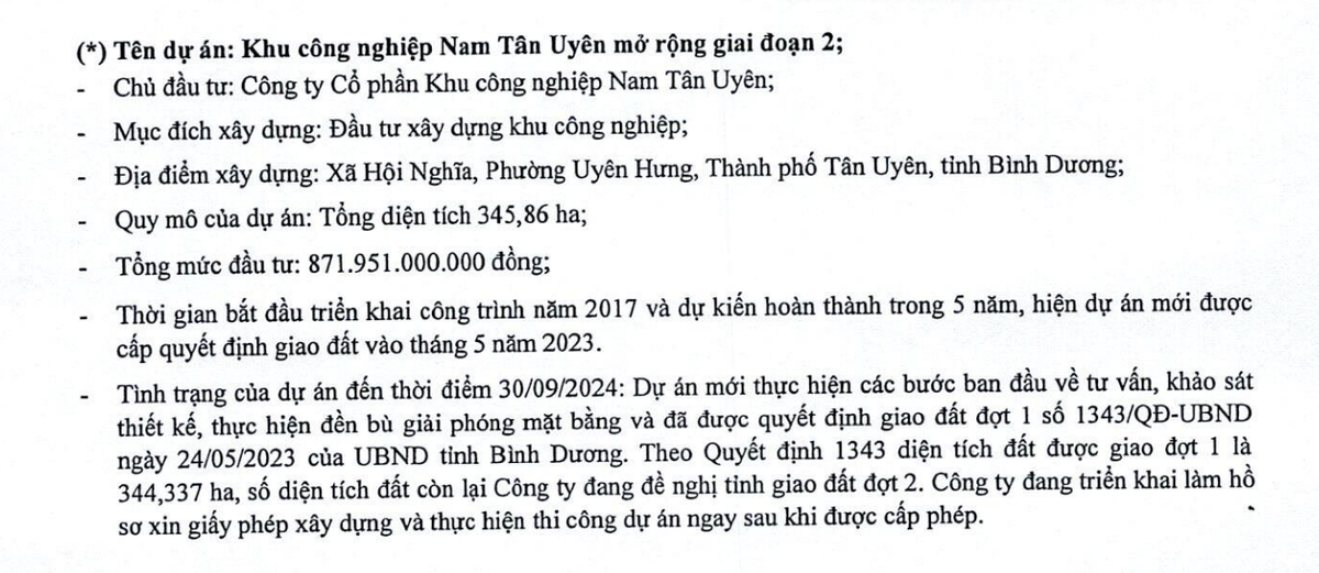 Dự án Nam Tân Uyên mở rộng giai đoạn 2 vẫn chưa khởi công tại thời điểm 30/9/2024