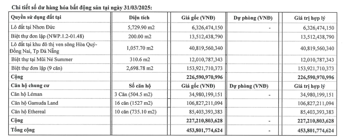Cơ cấu hàng hóa bất động sản của Xây dựng Hoà Bình tại thời điểm 31/3/2025