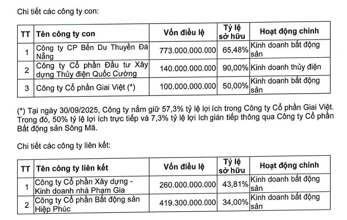 Danh sách công ty con, công ty liên kết của Quốc Cường Gia Lai tại thời điểm 30/9/2025.