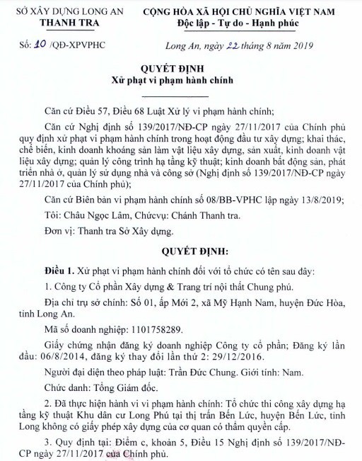 Long An: Chủ đầu tư dự án Khu dân cư Long Phú bị phạt 40 triệu đồng vì xây dựng khi không phép ảnh 1