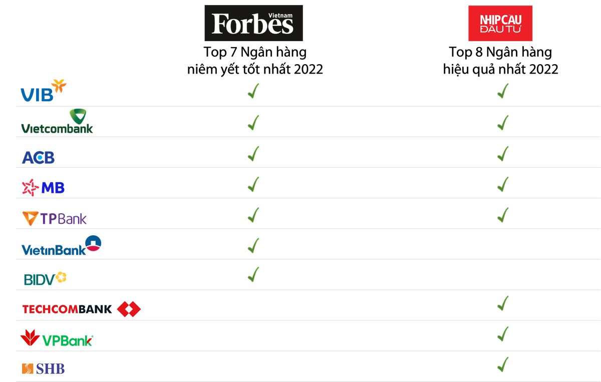 Biểu đồ 3: Các ngân hàng niêm yết hiệu quả nhất Việt Nam theo đánh giá của Forbes Việt Nam &amp; Nhịp cầu đầu tư, năm 2022