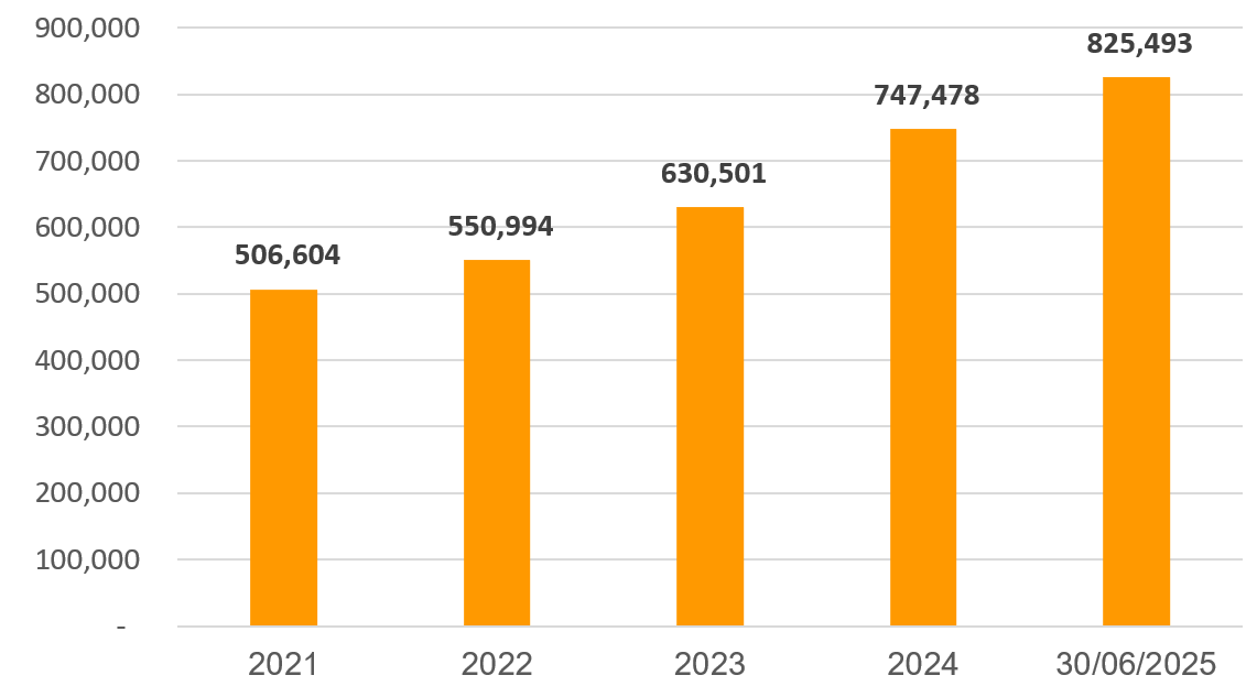 Tăng trưởng tổng tài sản SHB qua các năm (Đơn vị: tỷ đồng) Tăng trưởng tổng tài sản SHB qua các năm (Đơn vị: tỷ đồng)