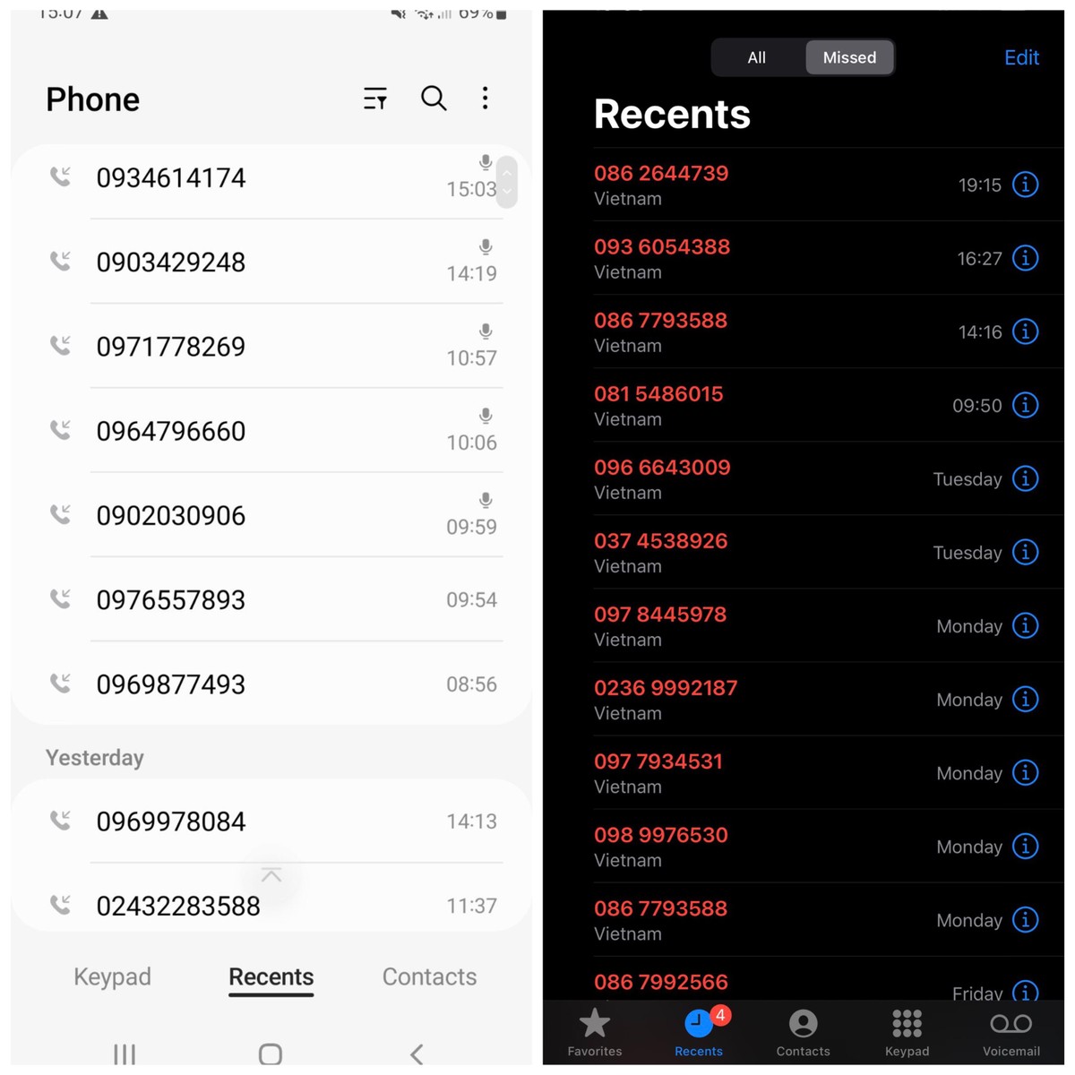 Những số điện thoại quấy rối anh Hưng gần đây (Ảnh: NVCC) Những số điện thoại quấy rối anh Hưng gần đây (Ảnh: NVCC)