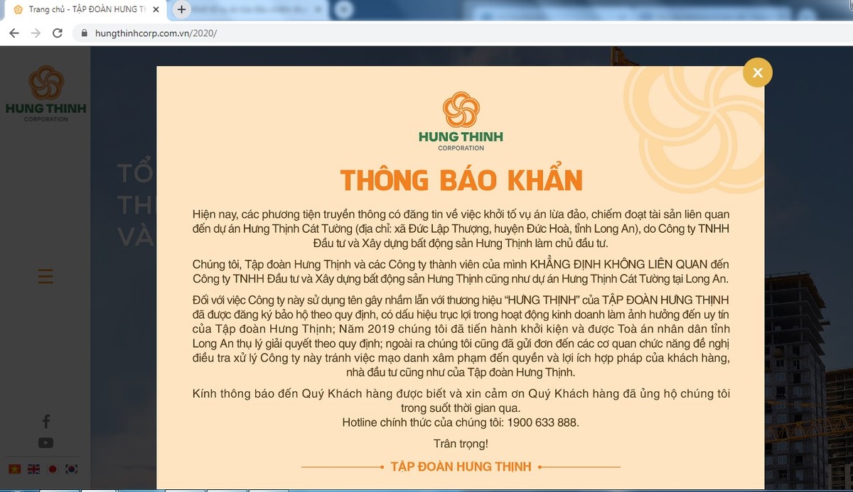 Thông báo khẳng định thông tin được Tập đoàn Hưng Thịnh đăng tải trên Website chính thức của công ty