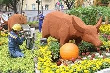 Ban tổ chức đường hoa đi kiểm tra các công đoạn cuối cùng.