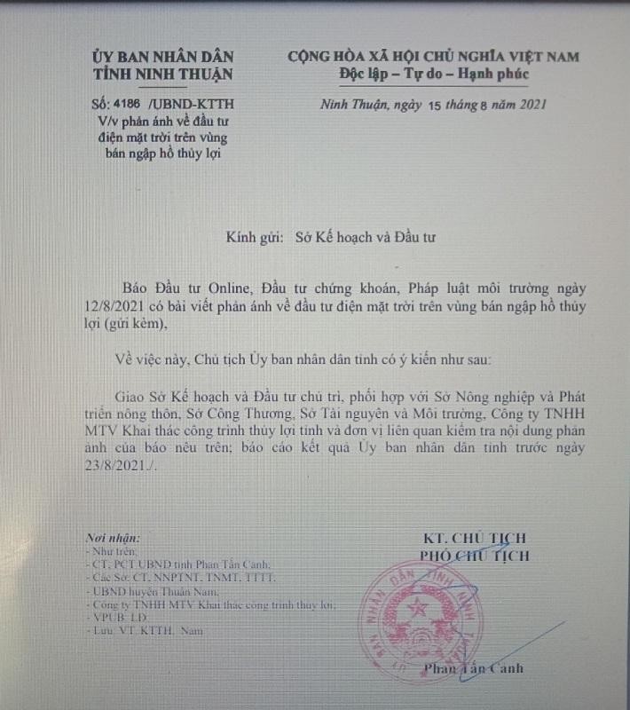 UBND tỉnh Ninh Thuận chỉ đạo kiểm tra phản ánh của Báo Đầu tư về các dự án điện năng lượng mặt trời trong vùng bán ngập hồ thủy lợi. Ảnh: Nhiệt Băng chụp lại