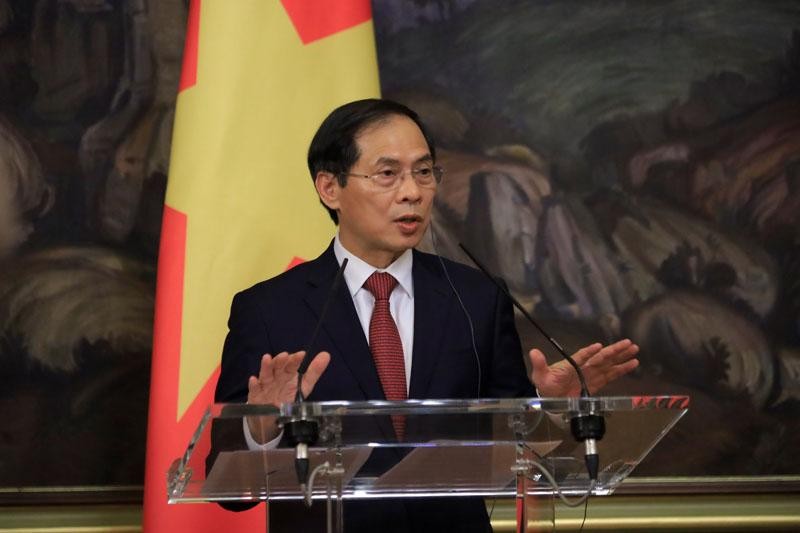 Bộ trưởng Bùi Thanh Sơn trả lời tại họp báo sau hội đàm (Ảnh: BNG)