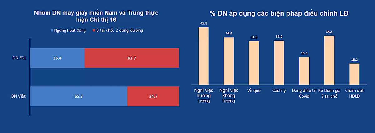 Tỷ lệ doanh nghiệp ngành dệt may, da giày thực hiện 3 tại chỗ (hoặc 1 cung đường 2 địa điểm) và ngừng hoạt động tại các tỉnh, thành thực hiện Chỉ thị 16.