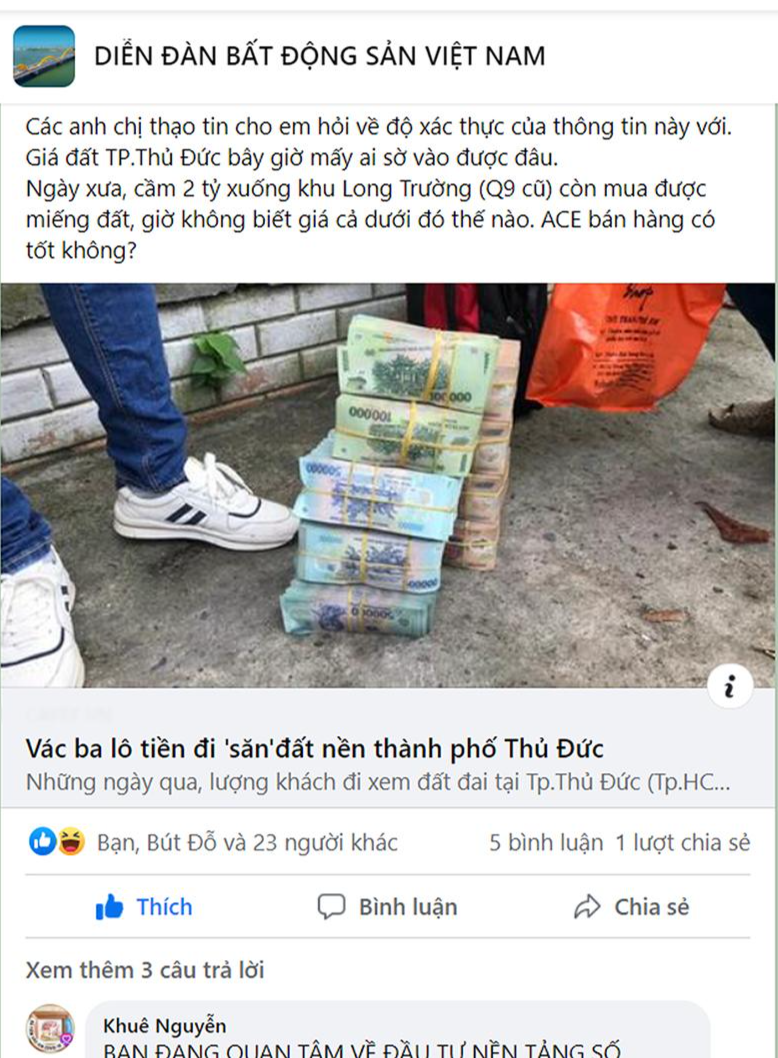 Thông tin nhà đầu tư vác balo tiền săn đất nền TP. Thủ Đức đăng tải trên trang mạng môi giới