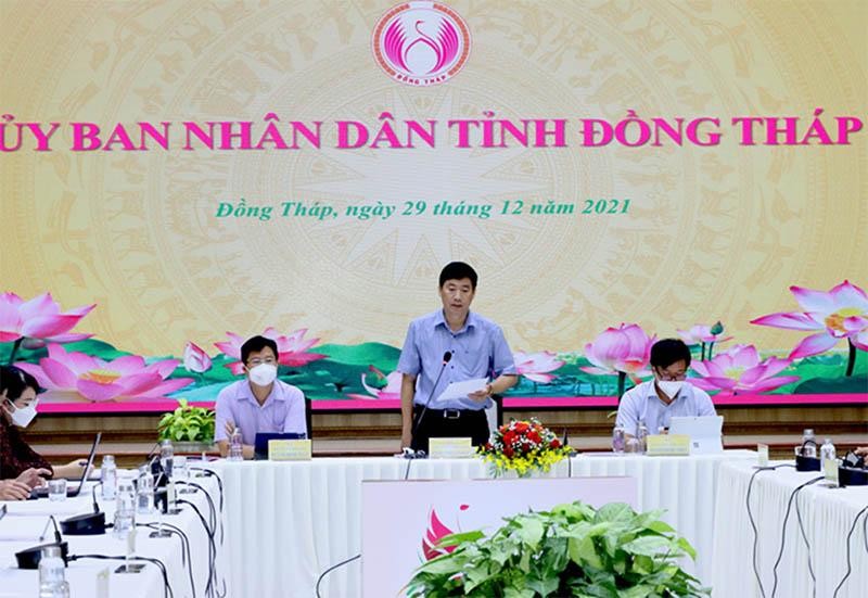 Chủ tịch UBND tỉnh Đồng Tháp Phạm Thiện Nghĩa phát biểu tại điểm cầu Đồng Tháp. Ảnh: Nguyệt Ánh Chủ tịch UBND tỉnh Đồng Tháp Phạm Thiện Nghĩa phát biểu tại điểm cầu Đồng Tháp. Ảnh: Nguyệt Ánh