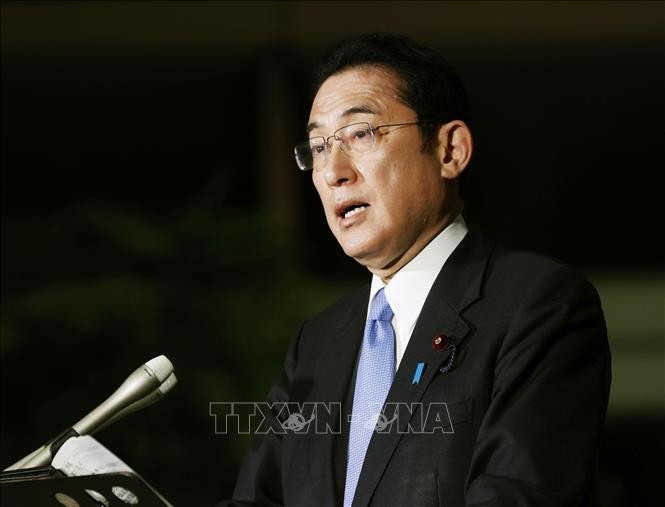 Thủ tướng Nhật Bản Kishida Fumio phát biểu trong cuộc họp báo ở Tokyo ngày 28/2/2022. Ảnh: Kyodo/TTXVN