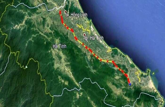 Sơ đồ cao tốc Bắc - Nam đoạn đi qua Hà Tĩnh dài khoảng 102 km đang được tiến hành thi công.