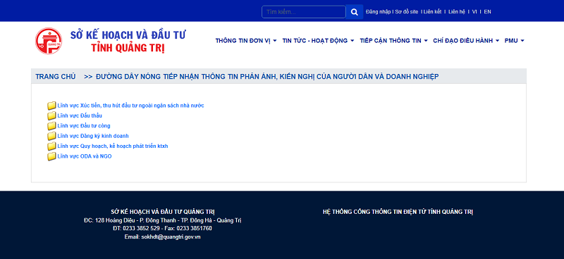 Đường dây nóng tiếp nhận thông tin phản ánh, kiến nghị của người dân và doanh nghiệp tại trang thông tin của Sở Kế hoạch và Đầu tư tỉnh Quảng Trị.
