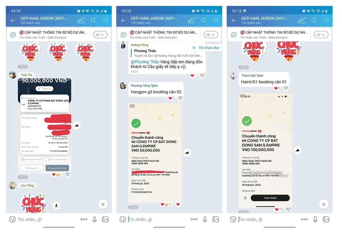 Khách hàng chuyển tiền cọc cho đơn vị phân phối G.Empire. Ảnh: Thành Nguyễn Khách hàng chuyển tiền cọc cho đơn vị phân phối G.Empire. Ảnh: Thành Nguyễn