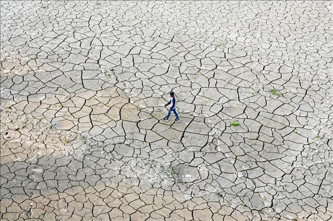 Lòng sông Ganges ở Prayagraj, Ấn Độ khô nứt nẻ do hạn hán kéo dài. Ảnh: AFP/TTXVN Lòng sông Ganges ở Prayagraj, Ấn Độ khô nứt nẻ do hạn hán kéo dài. Ảnh: AFP/TTXVN