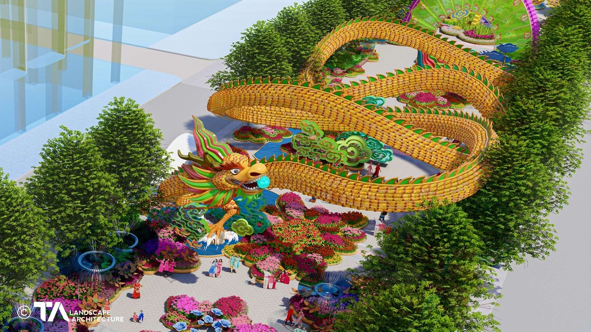 Linh vật đường hoa Nguyễn Huệ rộng hơn 100m, được chế tác từ vật liệu thân thiện môi trường.