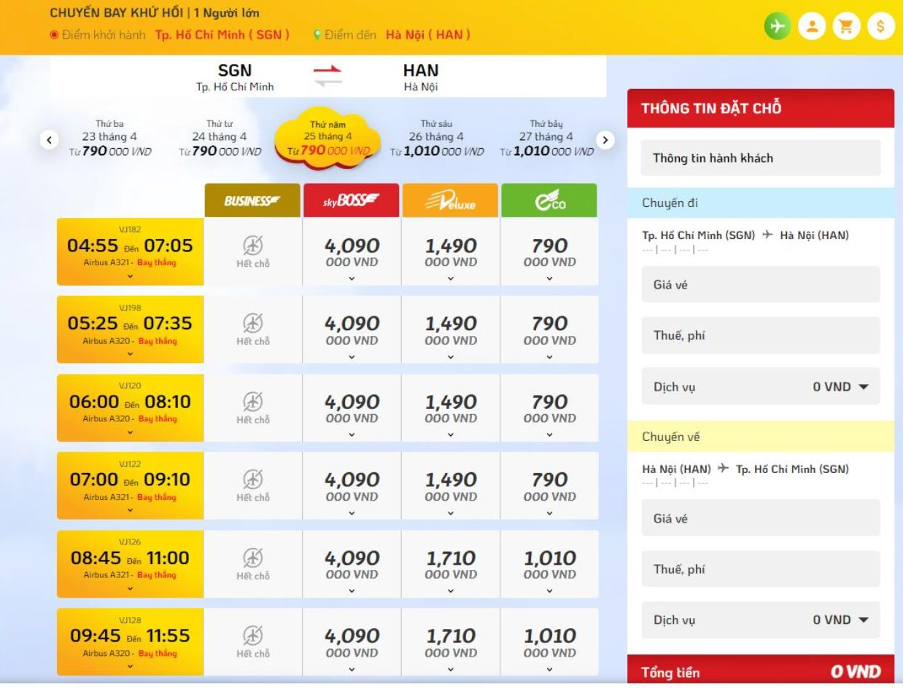 Chặng TP HCM - Hà Nội của Vietjet từ khoảng 790.000 đồng cho hạng Eco, hãng còn có thêm các hạng vé Deluxe, Sky Boss với đa dạng mức giá và thời gian bay cho khách hàng lựa chọn. Ảnh: Chụp từ website Vietjet Air Chặng TP HCM - Hà Nội của Vietjet từ khoảng 790.000 đồng cho hạng Eco, hãng còn có thêm các hạng vé Deluxe, Sky Boss với đa dạng mức giá và thời gian bay cho khách hàng lựa chọn. Ảnh: Chụp từ website Vietjet Air