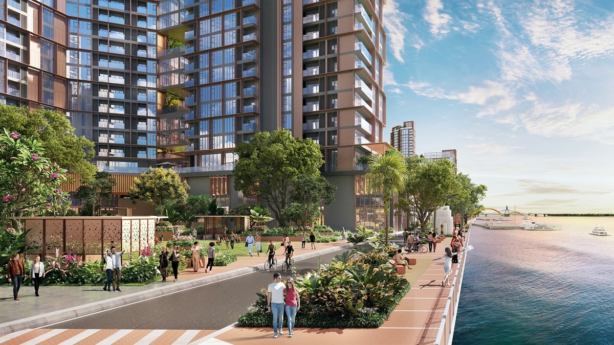 Đường dạo bộ kề bên sông Hàn của quần thể. Ảnh phối cảnh minh họa Sun Property. Đường dạo bộ kề bên sông Hàn của quần thể. Ảnh phối cảnh minh họa Sun Property.