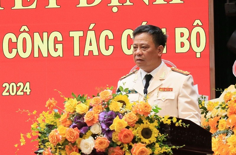 Đại tá Trần Xuân Ánh, tân Giám đốc Công an tỉnh Thái Bình phát biểu nhận nhiệm vụ.