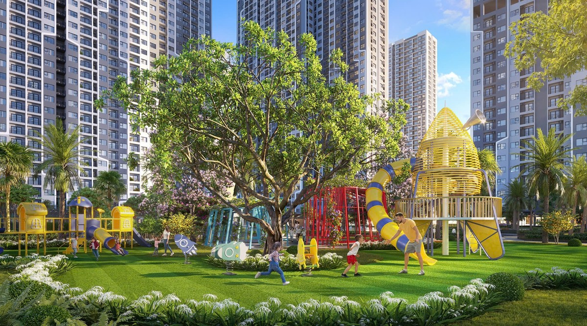 Khu vui chơi trẻ em trong khuôn viên rợp bóng cây xanh mát Khu vui chơi trẻ em trong khuôn viên rợp bóng cây xanh mát