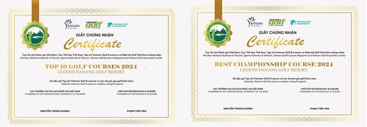Giấy chứng nhận giải thưởng của sân gôn Legend Danang Golf Resort tại Vietnam Golf & Leisure Awards 2024 Giấy chứng nhận giải thưởng của sân gôn Legend Danang Golf Resort tại Vietnam Golf & Leisure Awards 2024