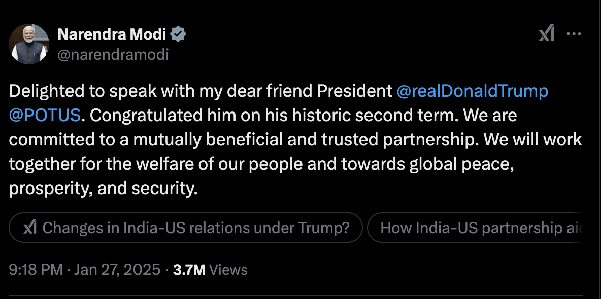 Chia sẻ của Thủ tướng Ấn Độ Narendra Modi về cuộc điện đàm với tân Tổng thống Mỹ Donald Trump ngày 27/1/2025. Ảnh chụp màn hình tài khoản mạng xã hội X của Thủ tướng Ấn Độ Narendra Modi Chia sẻ của Thủ tướng Ấn Độ Narendra Modi về cuộc điện đàm với tân Tổng thống Mỹ Donald Trump ngày 27/1/2025. Ảnh chụp màn hình tài khoản mạng xã hội X của Thủ tướng Ấn Độ Narendra Modi