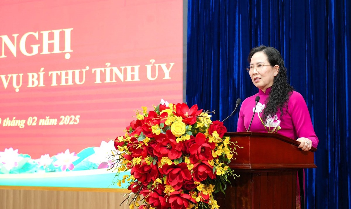 Ủy viên Trung ương Đảng, Phó Bí thư chuyên trách Đảng ủy Chính phủ Lê Thị Thủy phát biểu tại hội nghị. Ảnh: Báo Hà Nam