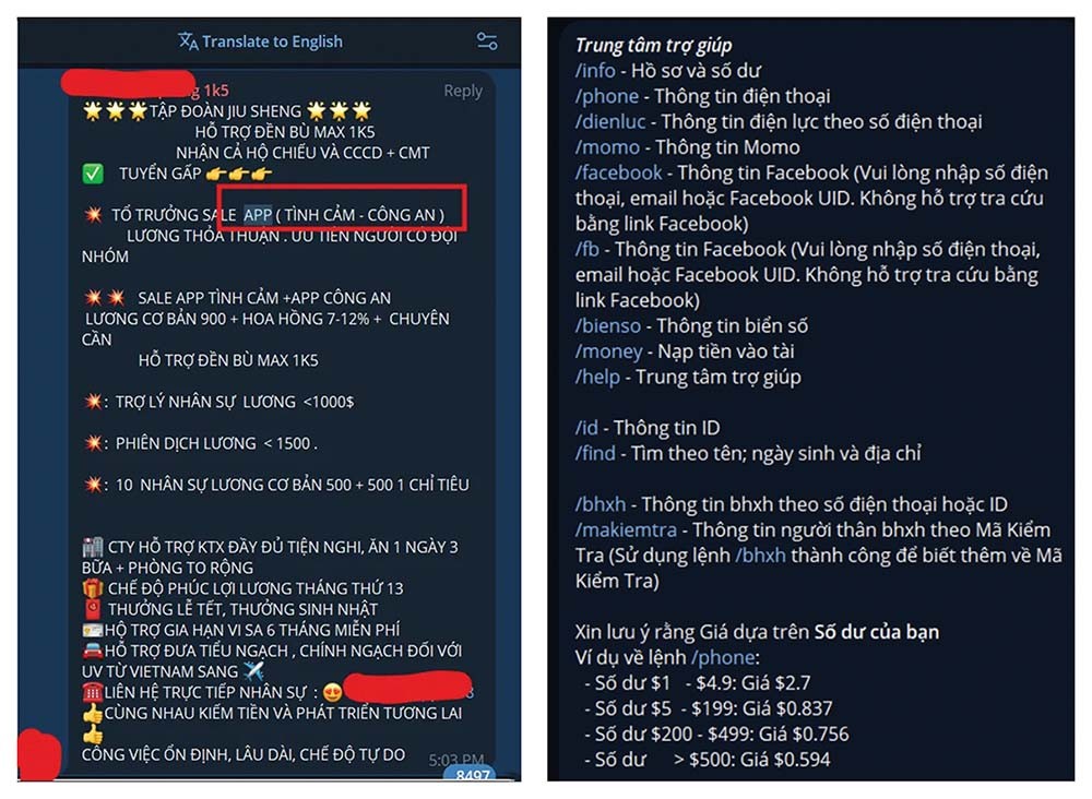 Quảng cáo tuyển dụng người đi... lừa đảo (ảnh trái) và mua bán dữ liệu cá nhân (ảnh phải) bị nhóm điều tra CyProtek phát hiện.
