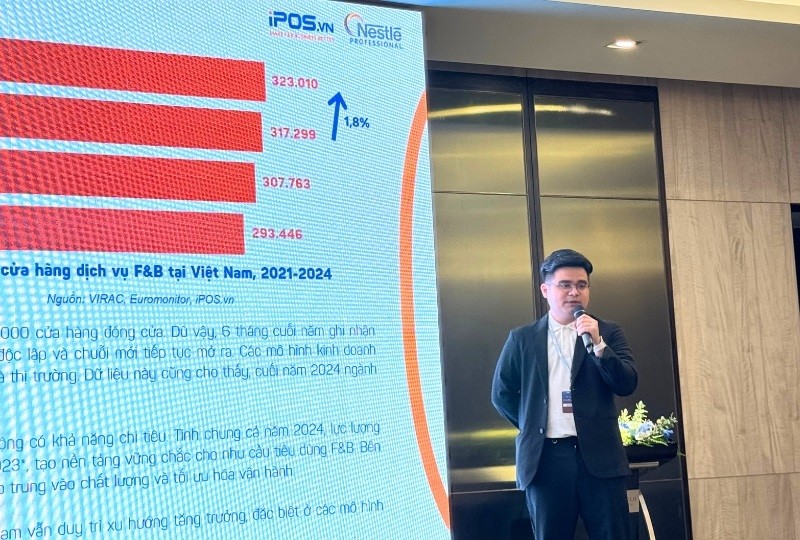 Ông Nguyễn Đỗ Anh Quân, Giám đốc nhãn hàng iPOS.vn đã trình bày tóm tắt Báo cáo thị trường Kinh doanh Ẩm thực tại Việt Nam năm 2024. Ảnh: Hồng Hạnh.