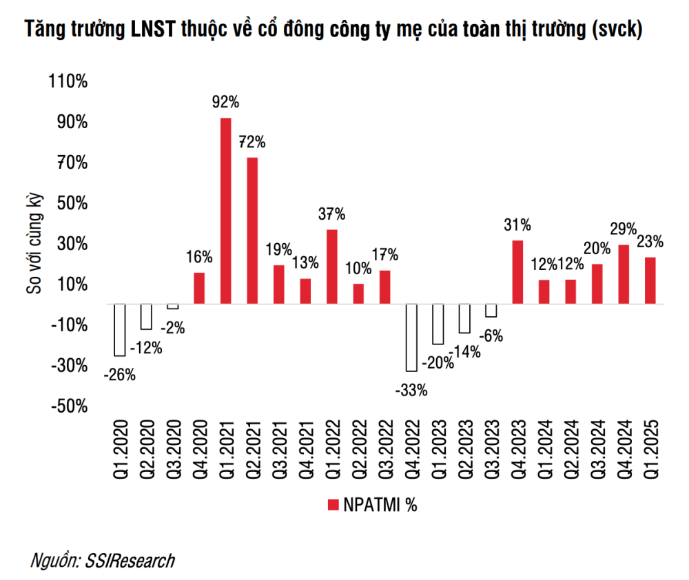 Nguồn: SSI Research, dựa trên 989 công ty niêm yết (đại diện 97% vốn hóa thị trường) đã công bố kết quả kinh doanh quý I/2025 Nguồn: SSI Research, dựa trên 989 công ty niêm yết (đại diện 97% vốn hóa thị trường) đã công bố kết quả kinh doanh quý I/2025