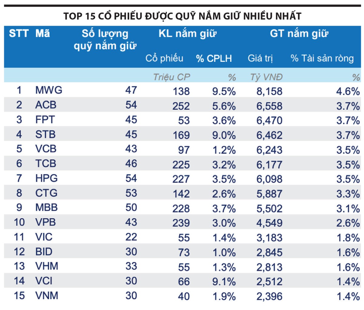 Nguồn: FiinPro-X Platform. Ghi chú: Khối lượng và giá trị nắm giữ được ước tính dựa trên danh mục của 65 quỹ cổ phiếu với tổng giá trị tài sản ròng hơn 176.000 tỷ đồng