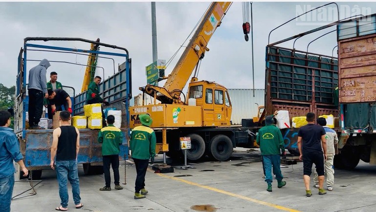 Hàng hóa sang tải tại khu vực bãi Xuân Cương, cửa khẩu quốc tế Hữu Nghị, tỉnh Lạng Sơn. Hàng hóa sang tải tại khu vực bãi Xuân Cương, cửa khẩu quốc tế Hữu Nghị, tỉnh Lạng Sơn.