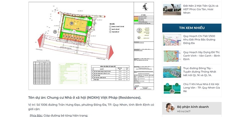 Thông tin giới thiệu Dự án Nhà ở xã hội tại khu đất số 1006 Trần Hưng Đạo trên website của 1 công ty bất động sản tại Quy Nhơn.