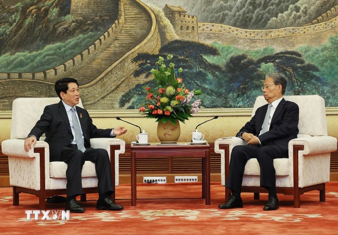 Chủ tịch nước Lương Cường hội kiến Ủy viên trưởng Nhân đại toàn quốc Trung Quốc Triệu Lạc Tế. Ảnh: Lâm Khánh/TTXVN.