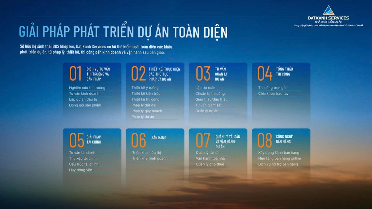 Dat Xanh Services cung cấp giải pháp phát triển dự án toàn diện cho Chủ Đầu tư – Chủ đất với 8 gói dịch vụ tích hợp trọn gói