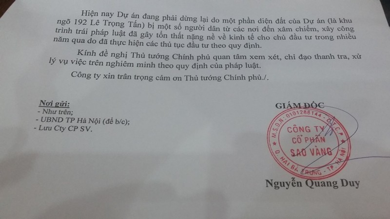 Công ty Sao Vàng đề nghị thanh tra đất đai tại ngõ 192 Lê Trọng Tấn ảnh 1