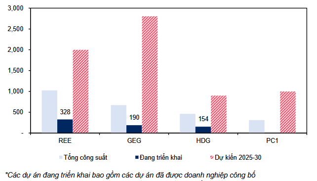 Các doanh nghiệp đầu ngành tập trung đẩy mạnh công suất NLTT từ nay đến năm 2030. Nguồn: MBS Research.