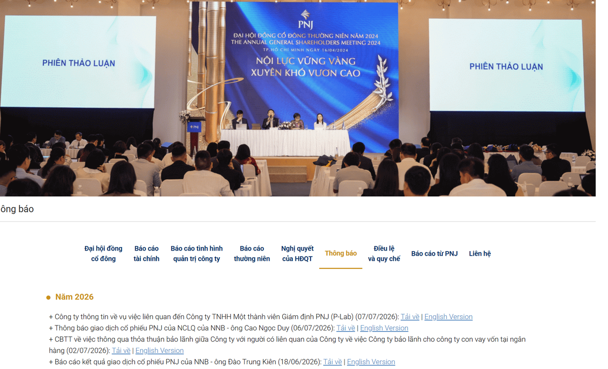 Link đăng ký họp không được thông báo trên web chính thức PNJ