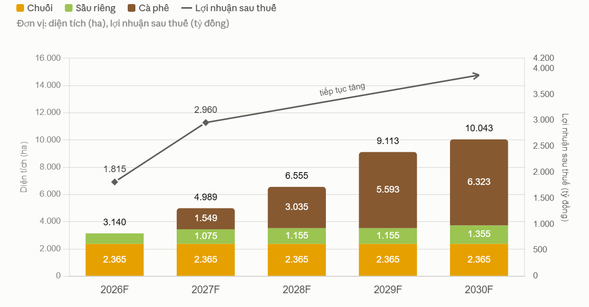 Lộ trình tăng diện tích thu hoạch và lợi nhuận 2026 –2030F dự báo của HGI