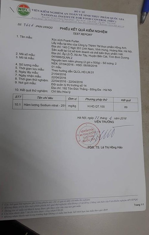 100% mẫu xúc xích Vietfoods chứa chất gây ung thư ảnh 1