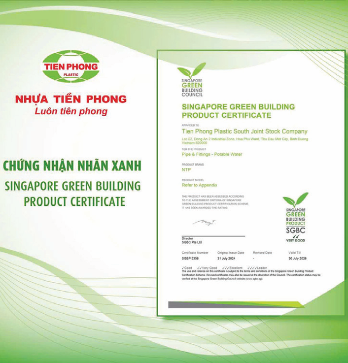 Năm 2024, Tiền Phong Nam đạt Chứng nhận Sản phẩm Công trình Xanh Singapore.
