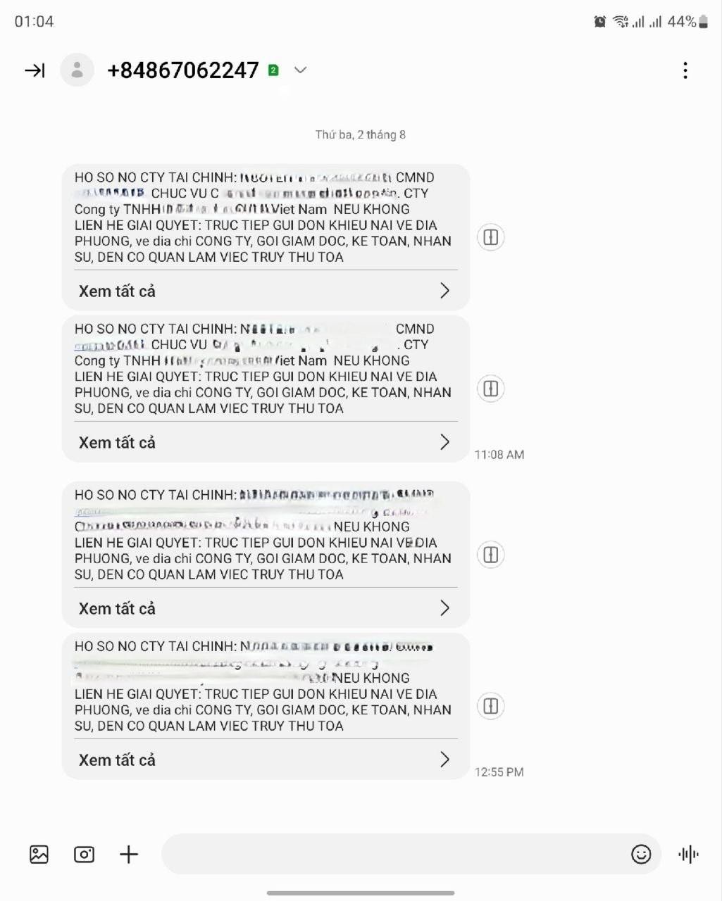 Các tin nhắn đòi nợ liên tục được gửi đến Các tin nhắn đòi nợ liên tục được gửi đến